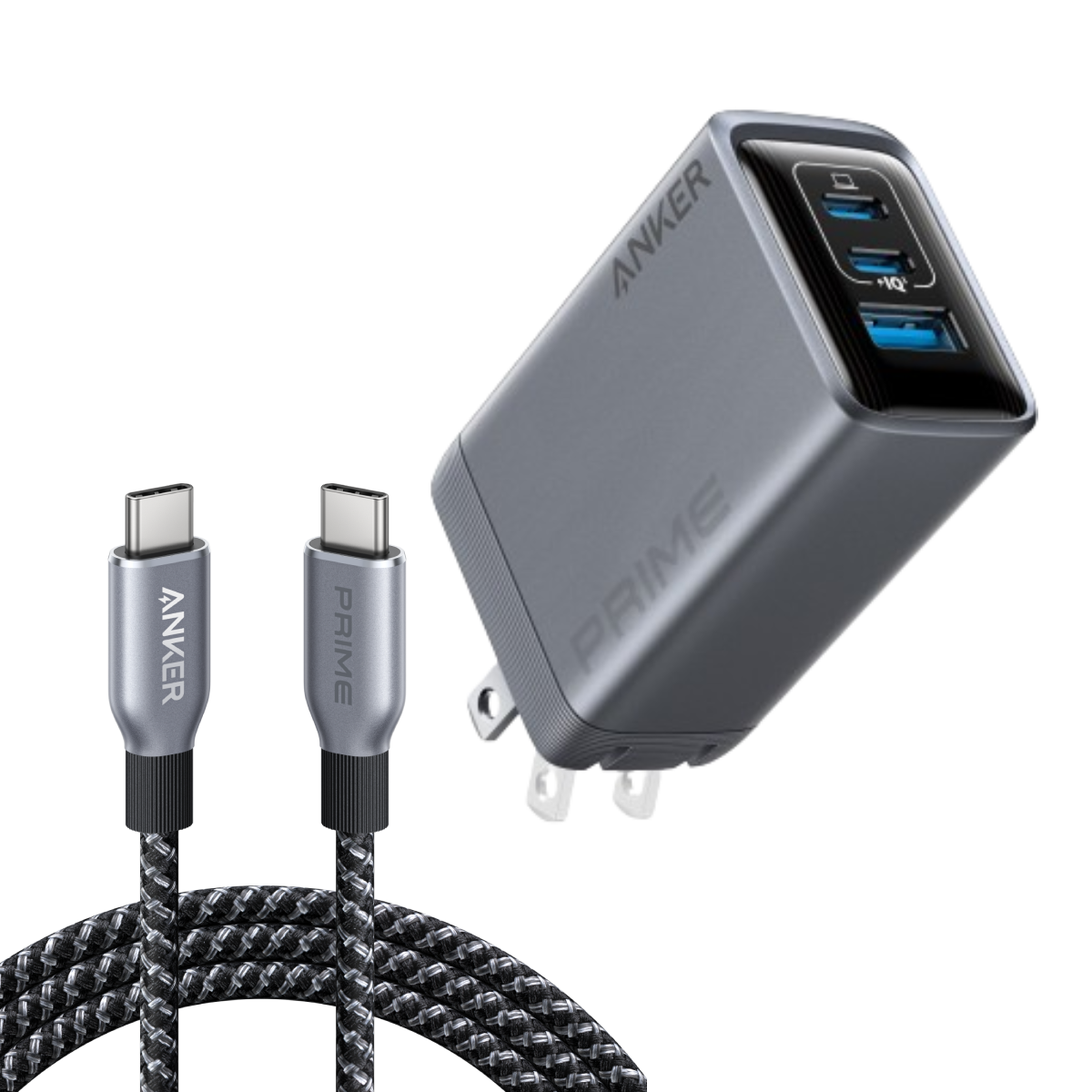 Prime Charger (100W, 3 Ports, GaN) and Prime USB-C to USB-C Cable (240W, Upcycled-Braided)