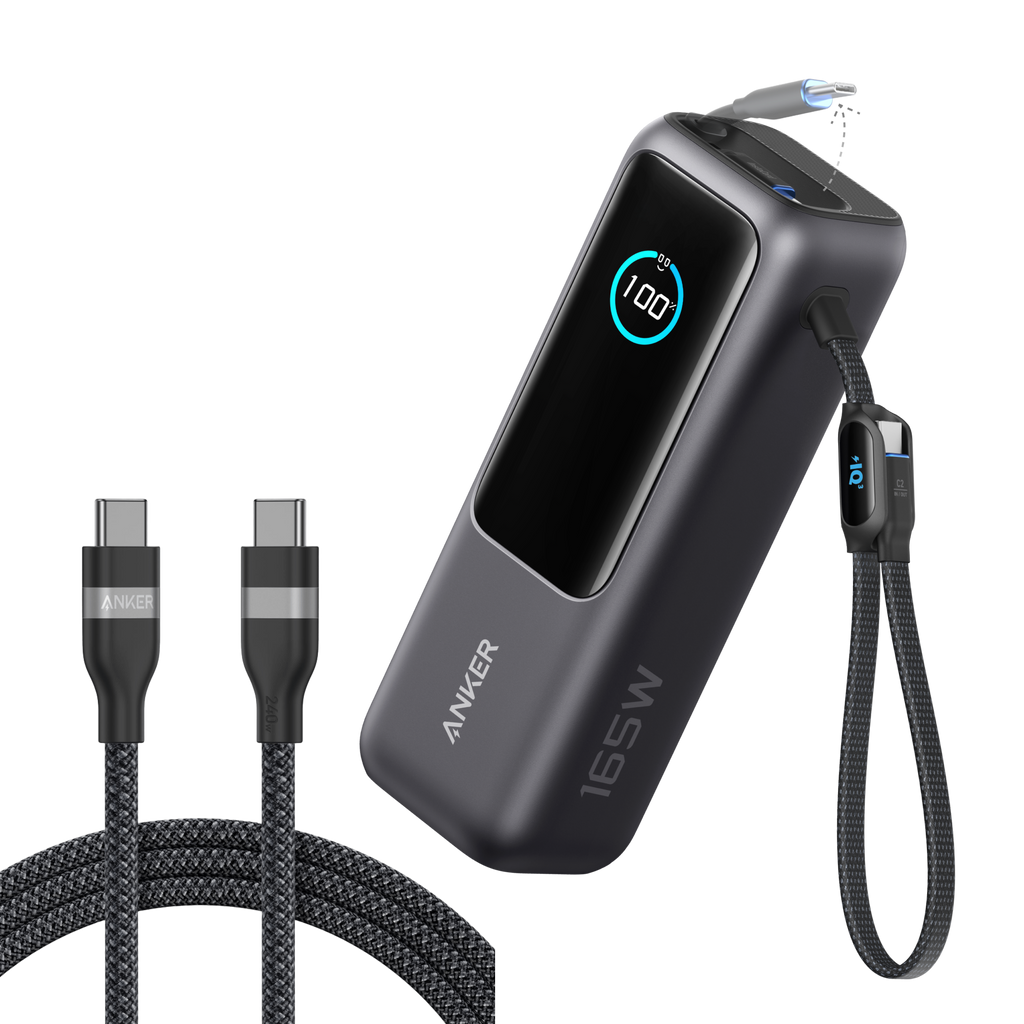 Laptop Power Bank (25K, 165W, Built-In and Retractable Cables) and USB-C to USB-C Cable (6 ft, 240W, Upcycled-Braided)